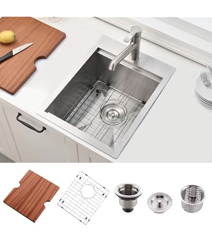 304 Stainless Steel Drop-In Kitchen Sink – 20″ X 16″ Single Bowl, 9″ Deep With Drainage Hose, Sound-Deadening, For RV, Bar, Prep Station