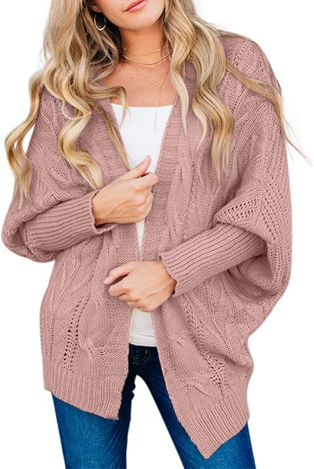 Elapsy Womens Ladies Fashion 2019 Winter Warm Dolman Long Sleeve Open Front Knit Cardigan Sweaters Plus Size Pink Large