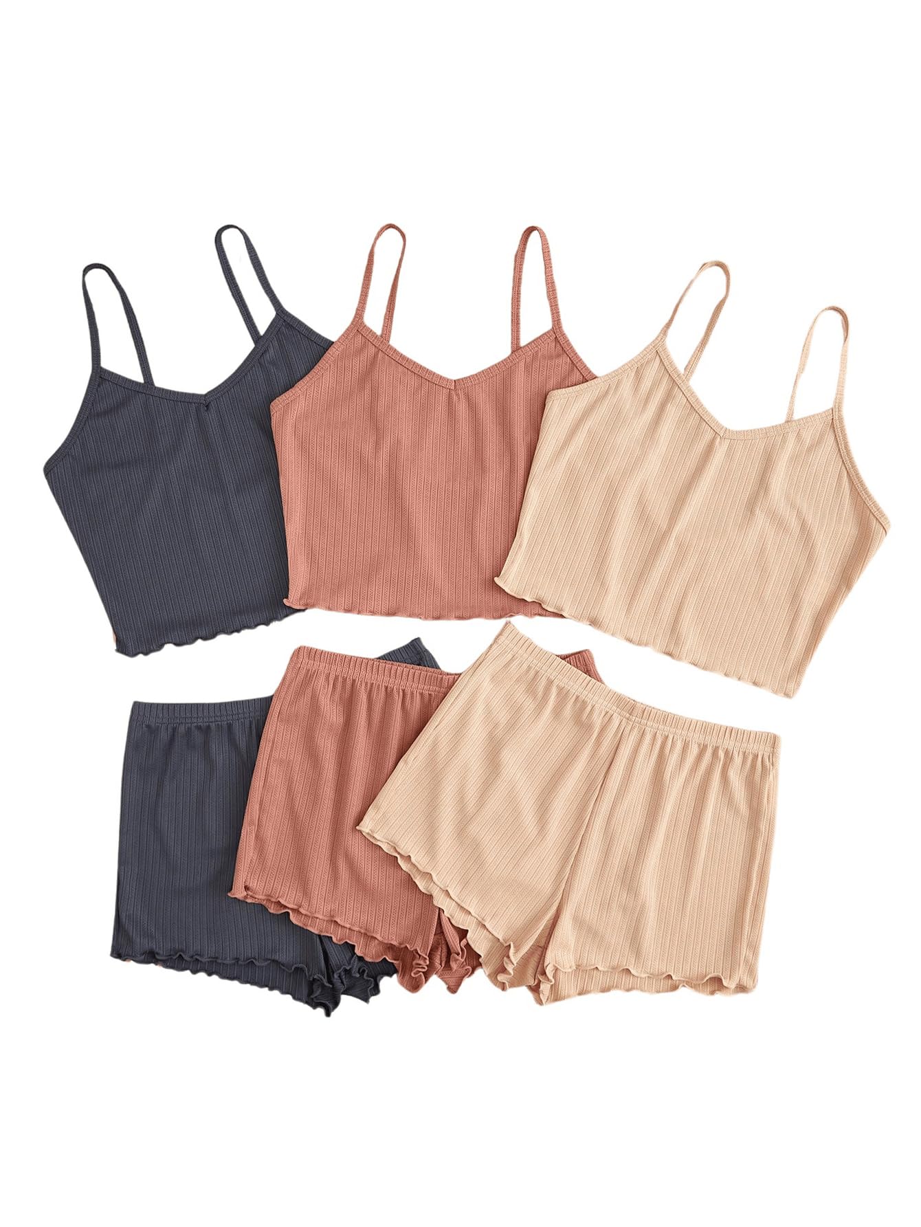 Photo 1 of **Only 4 piece**GORGLITTER Women's 6 Piece Pajama Set Frill Trim Cami Crop Top with Elastic Waist Shorts Pink Grey Apricot Large