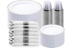 BESTVIP 350PCS Silver Plastic Dinnerware Set, Disposable Party Plates for 50 Guests, Include: 100 Plastic Plates, 50 Pre Rolled Napkins with Silver Silverware, 50 Cups