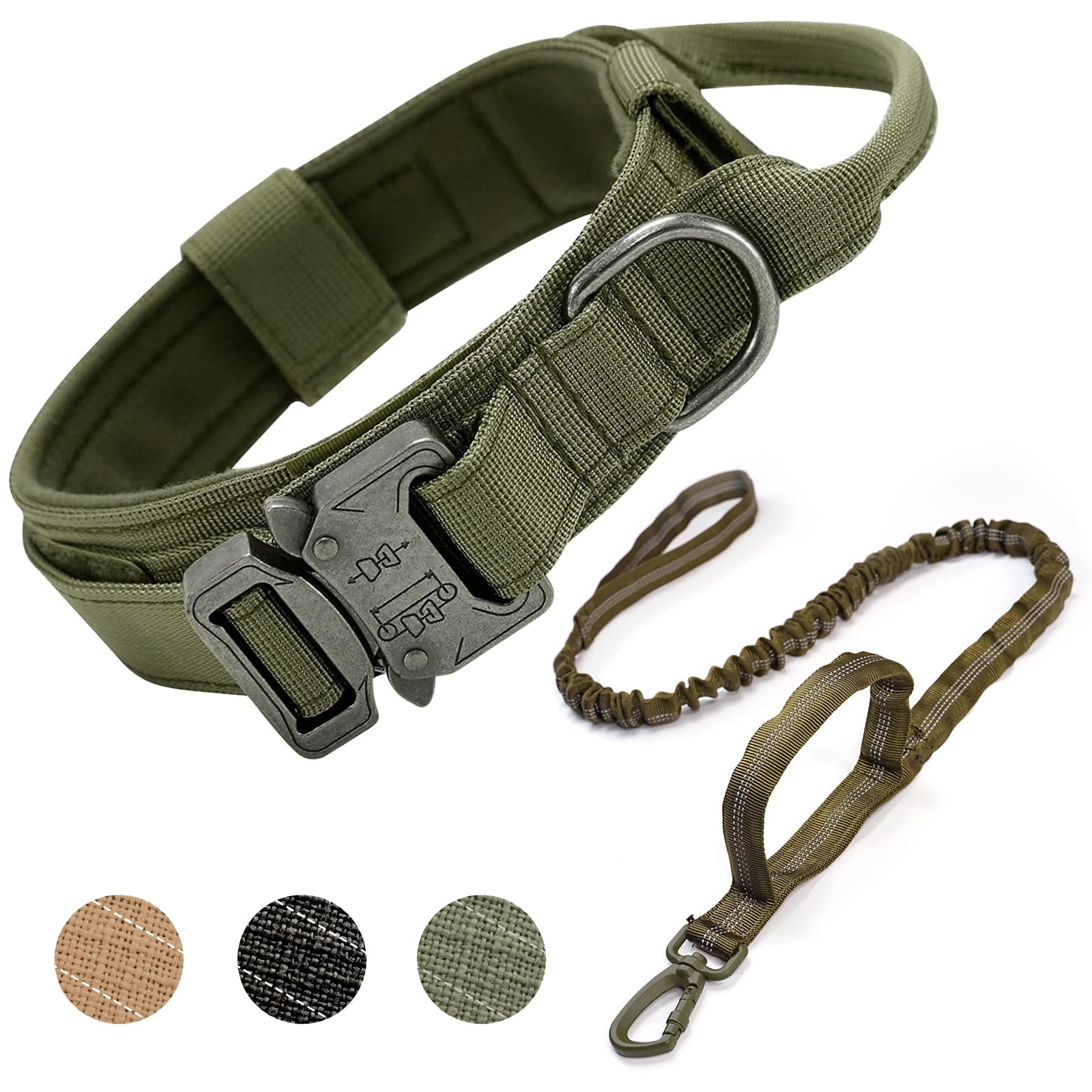 Ledeak Tactical Dog Collar, Padded Breathable Soft Nylon Pet Collar with Heavy-Duty Metal Buckle, Adjustable Basic Military Dog Collar with Handle for Medium Large Dog (Green, XL)