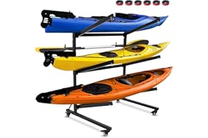 CNaiyunpin Kayak Stand & Storage Rack, Fits Kayaks, SUPs, Canoes, with Wheels, Max 200 LBS, for Garage & Outdoor Storage, Kayak Paddle Holder, Easy Transport & Organization (3 Kayaks Storage Rack)