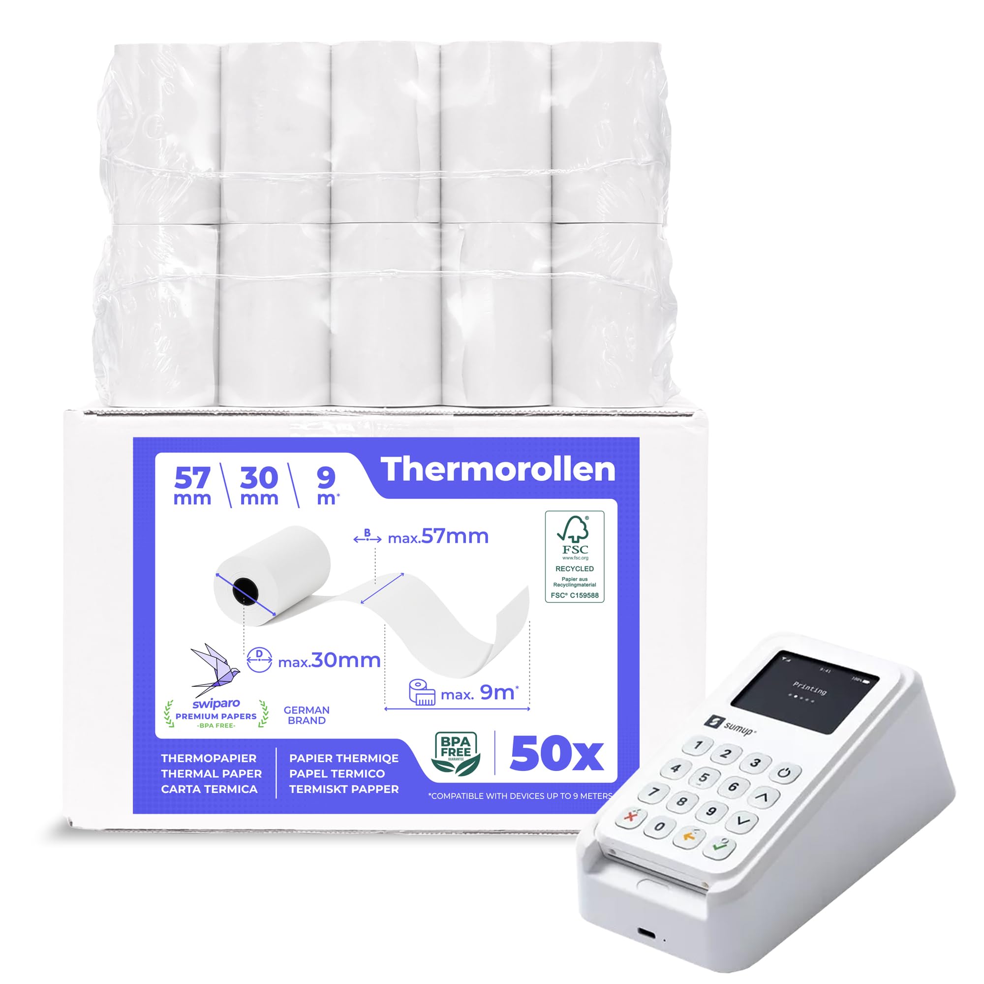 Swiparo - Ec-Cash thermal rolls 57 mm x 9 m x 12 mm - cash register rolls - thermal paper - receipt rolls for bankcomat - credit card reader (57x30x12) (50 Rolls)