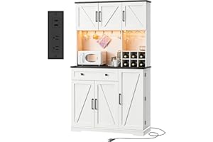 Dripex 71" Pantry Cabinet with Charging Station, Farmhouse Kitchen Pantry Storage Cabinet with Outlet & LED Light, Microwave Stand, Tall Kitchen Hutch with Storage for Dining Room, Living Room, White