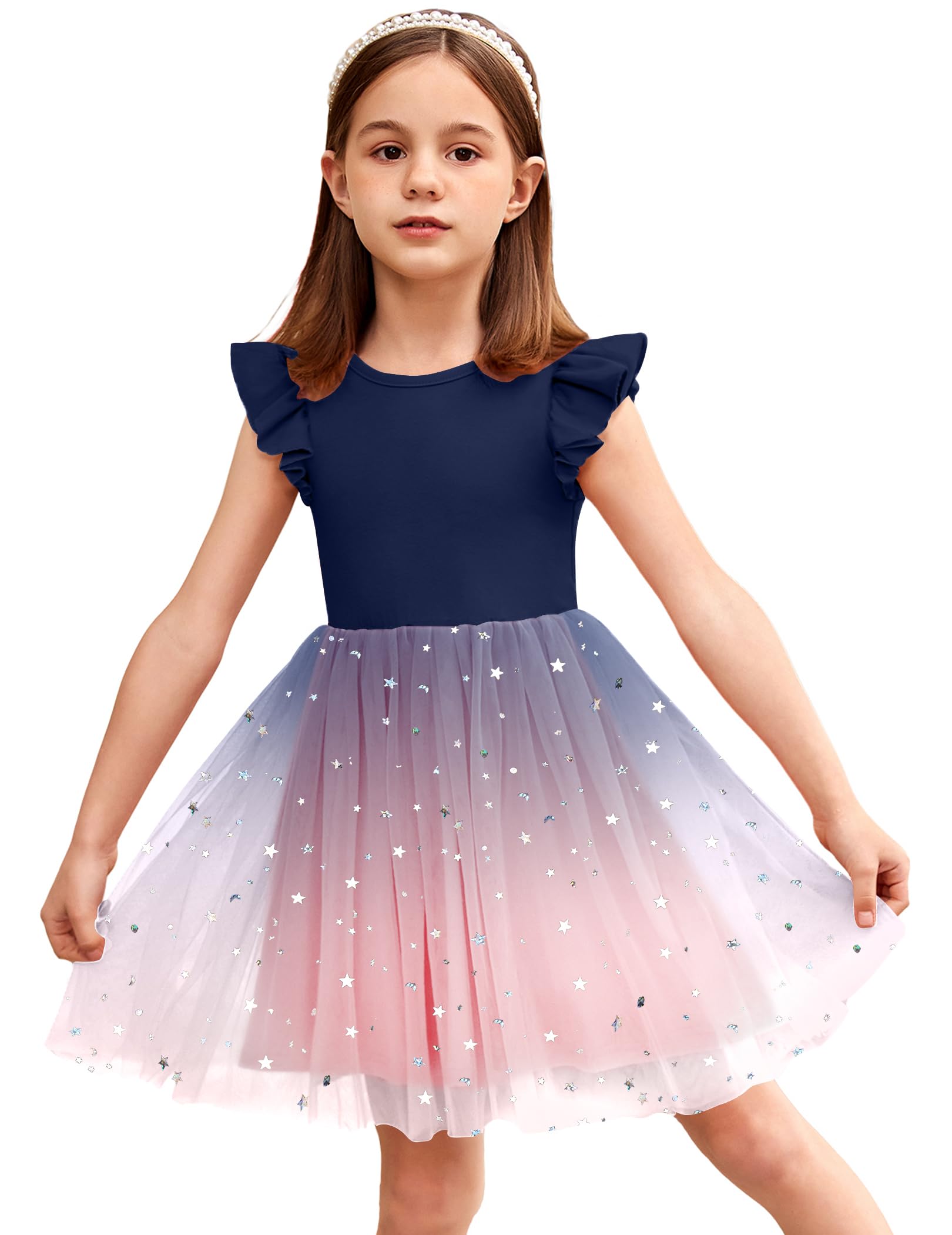 Photo 1 of Arshiner Girl Tulle Dress Toddler Flutter Sleeve Tutu Gown Flower Girl Wedding Birthday Party Dresses (Navy Blue, 5T)