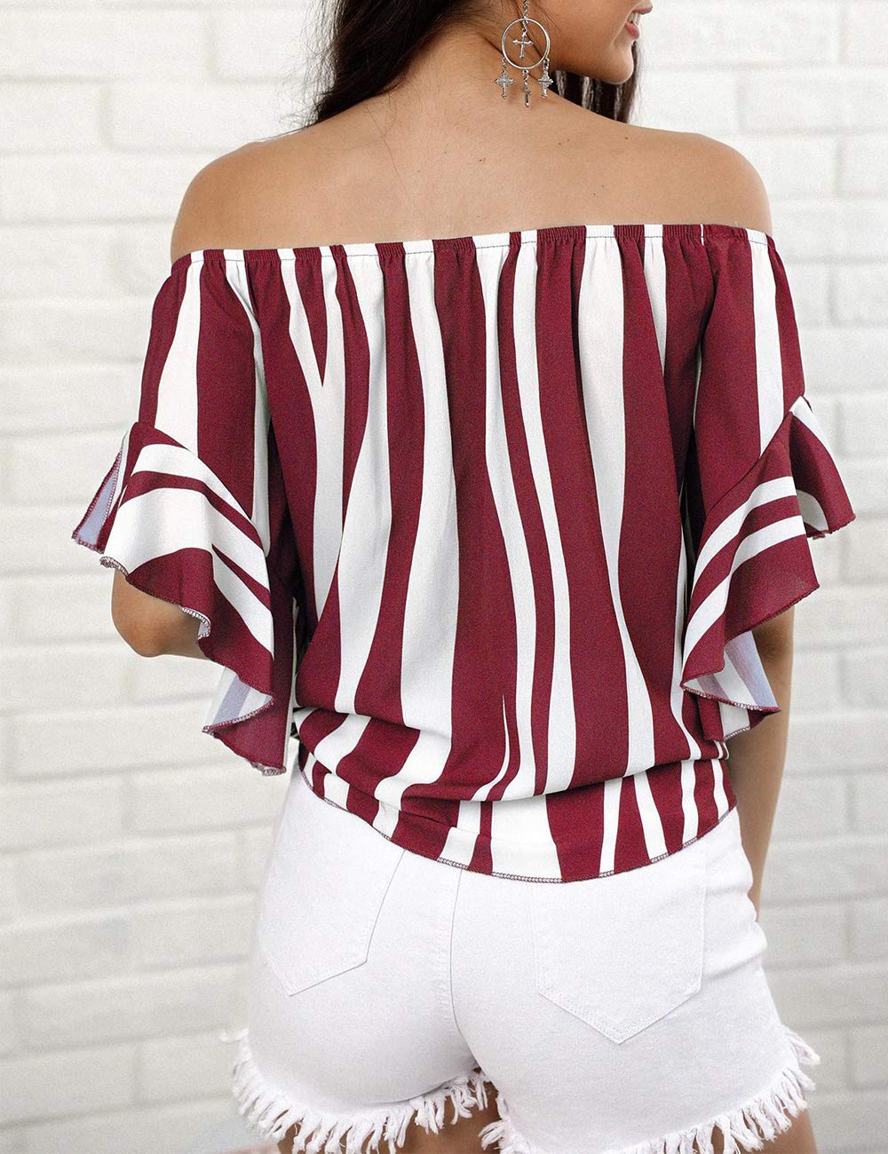 Women\'s Striped Off Shoulder Bell Sleeve Shirt Tie Knot Casual Blouses Tops(Stripe Red,M)
