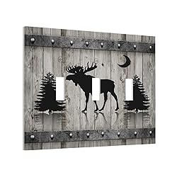 Rustic Deer Moose Forest Tree on Wood Plank 3 Gang