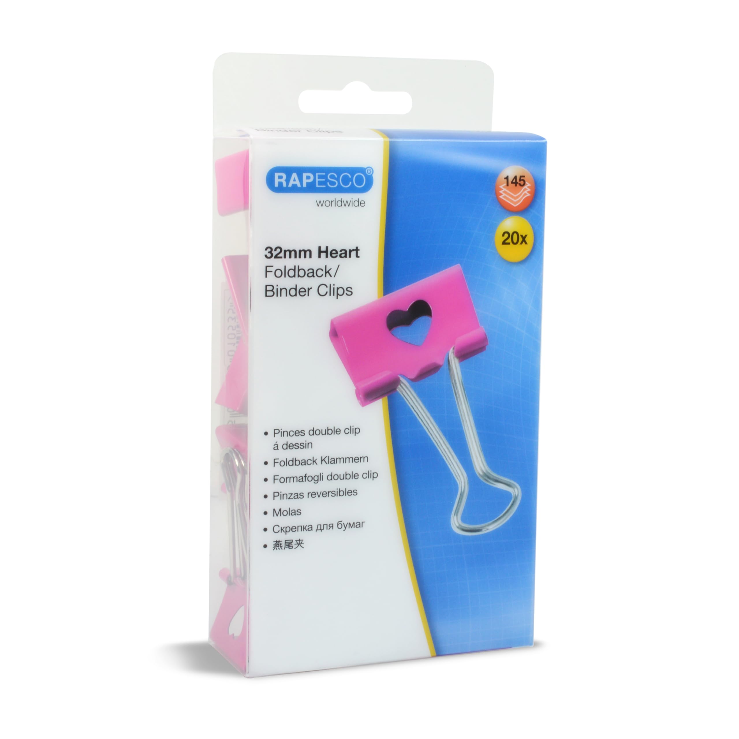Rapesco 1426 32 mm Heart Foldback Clips, Hot Pink, Pack of 20