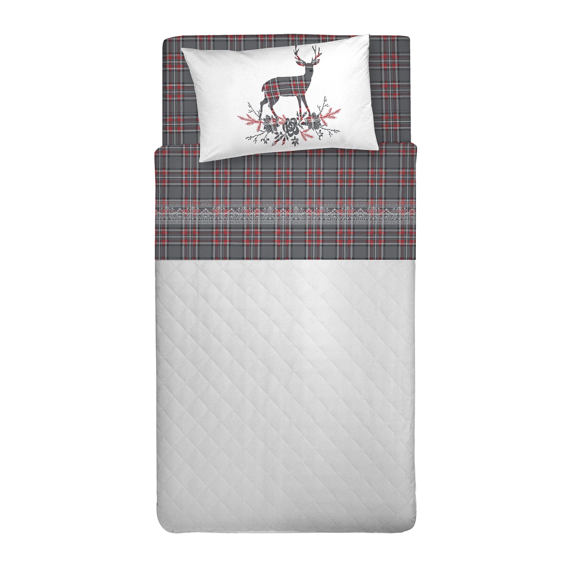 PENSIERI DELICATI Single Bed Set, 100% Cotton, Single Bed Sheet Set, 90 x 200 cm, Including Bottom Sheet, Top Sheet and 1 Pillow Case, Made in Italy, Anthracite Deer Tartan