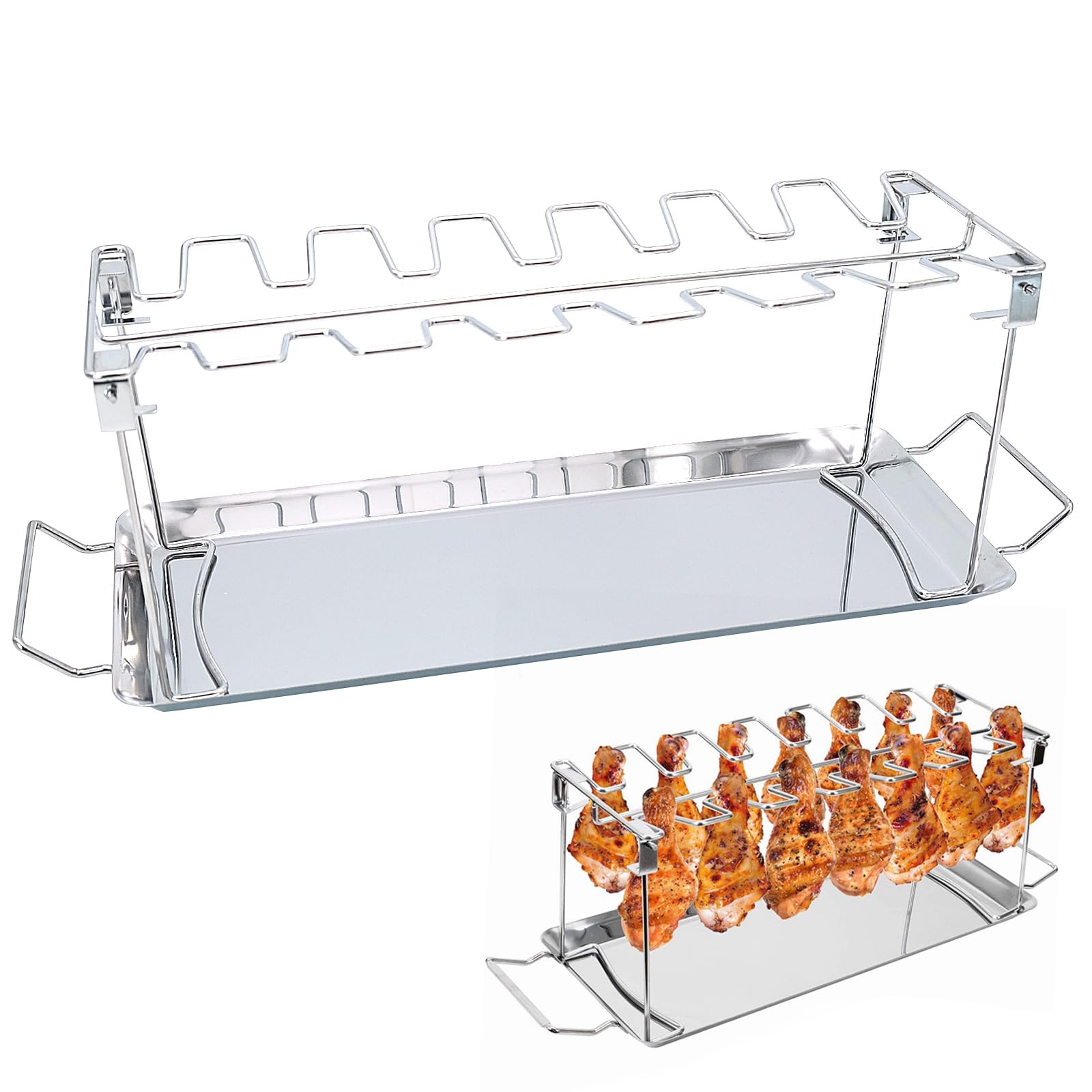 Bakiauli 2 in 1 Stand Chicken Drumstick Grill Rack with Drip Tray, Stainless Steel BBQ Stand for 12 Chicken Legs, Outdoor Grill for Oven and Field Grill