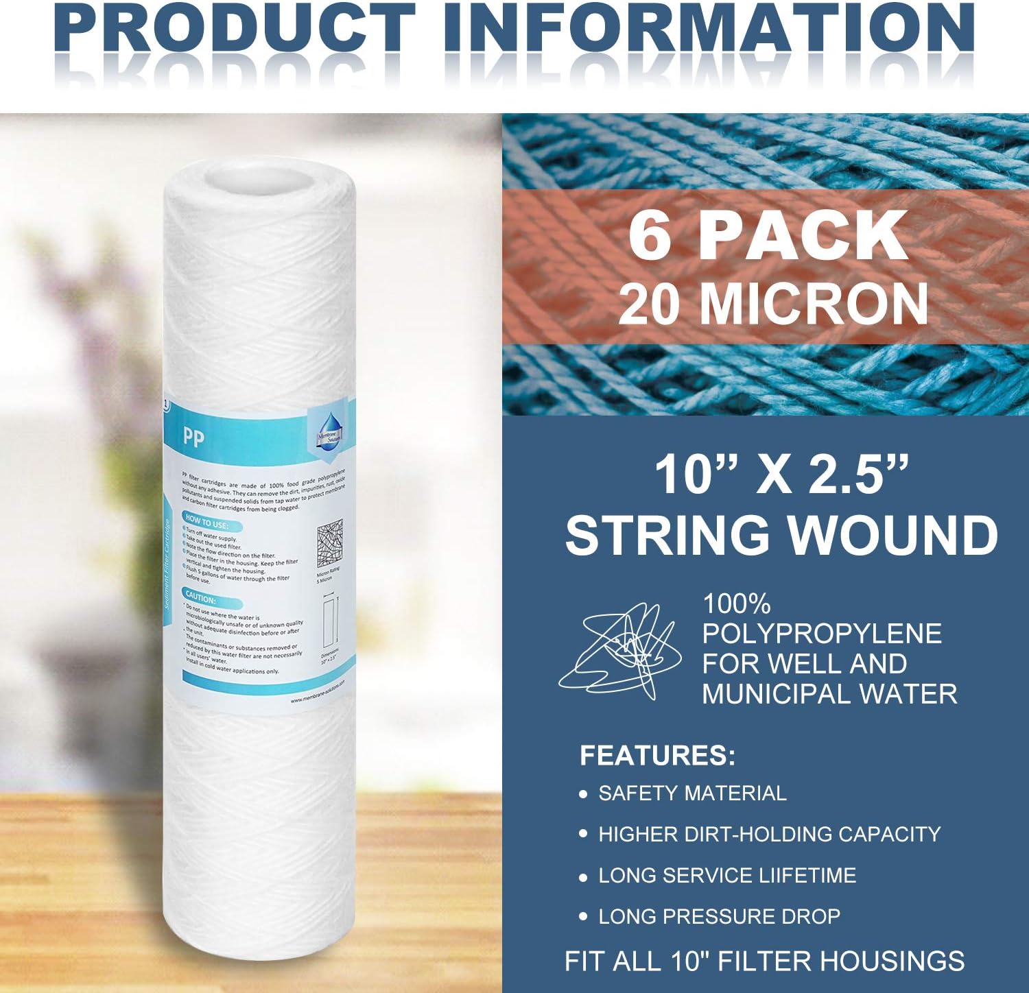 Membrane Solutions 20 Micron String Wound Water Filter Universal Whole House Replacement Cartridge Sediment Filters for Well Water 10"x2.5" - 6 Pack: Home & Kitchen
