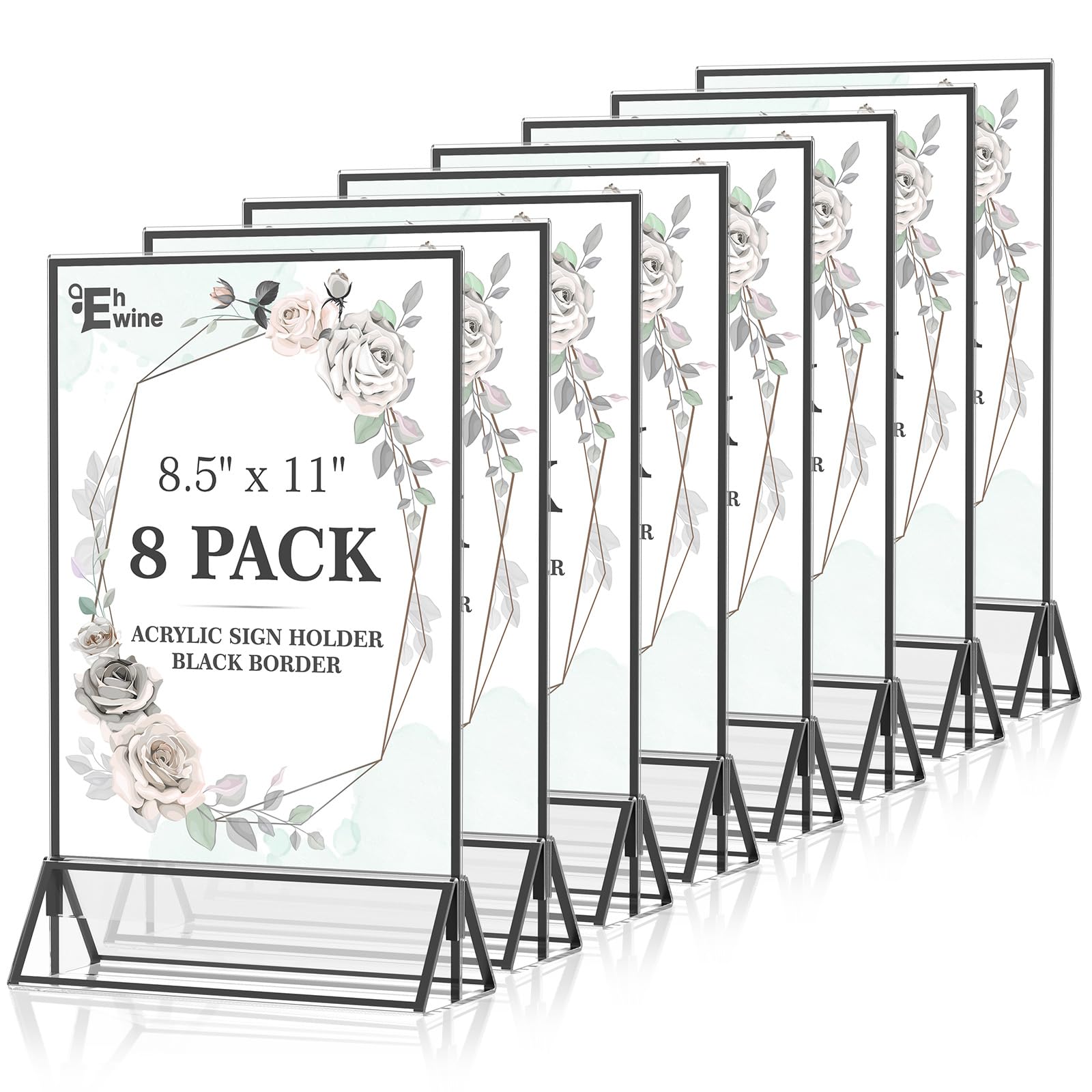 Photo 1 of EHWINE 8 Pack Acrylic Sign Holder 8.5 x 11, Double Sided Black Picture Frame Stand up Table Top Sign Holders, Clear Display Stand Menu Flyer Holder for Wedding Party (Provide Non-slip Mats)