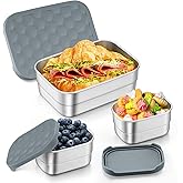 TeamFar Stainless Steel Lunch Box, Food Snack Storage Bento Containers with Silicone Lids for Kids Adults to School Work, Kids Friendly & Dishwasher Safe, Leak-Proof & Easy Open, 25OZ + 8OZ*2 (Grey)