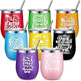 Sliner 8 Pcs Beach Gift Tumbler with Lid 12oz Stainless Steel Summer Beach Is My Happy Place Wine Cups Party Gifts for Ocean Lover Seaside Family Girls Trip Vacation