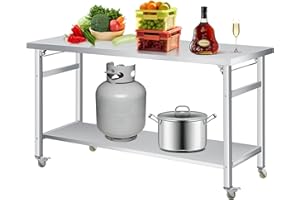 Joankaren 60" Folding Stainless Steel Table with Undershelf & Lockable Wheels – 920 LBS Commercial Worktable for Kitchen, Pre
