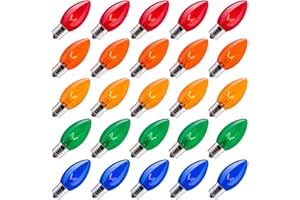 Minetom 25 Pack C9 Clear Replacement Bulbs for Christmas Lights, E17 C9 Intermediate Base Incandescent C9 Christmas Light Bulbs, 7-Watt (25 Pack, Multi-Colored)