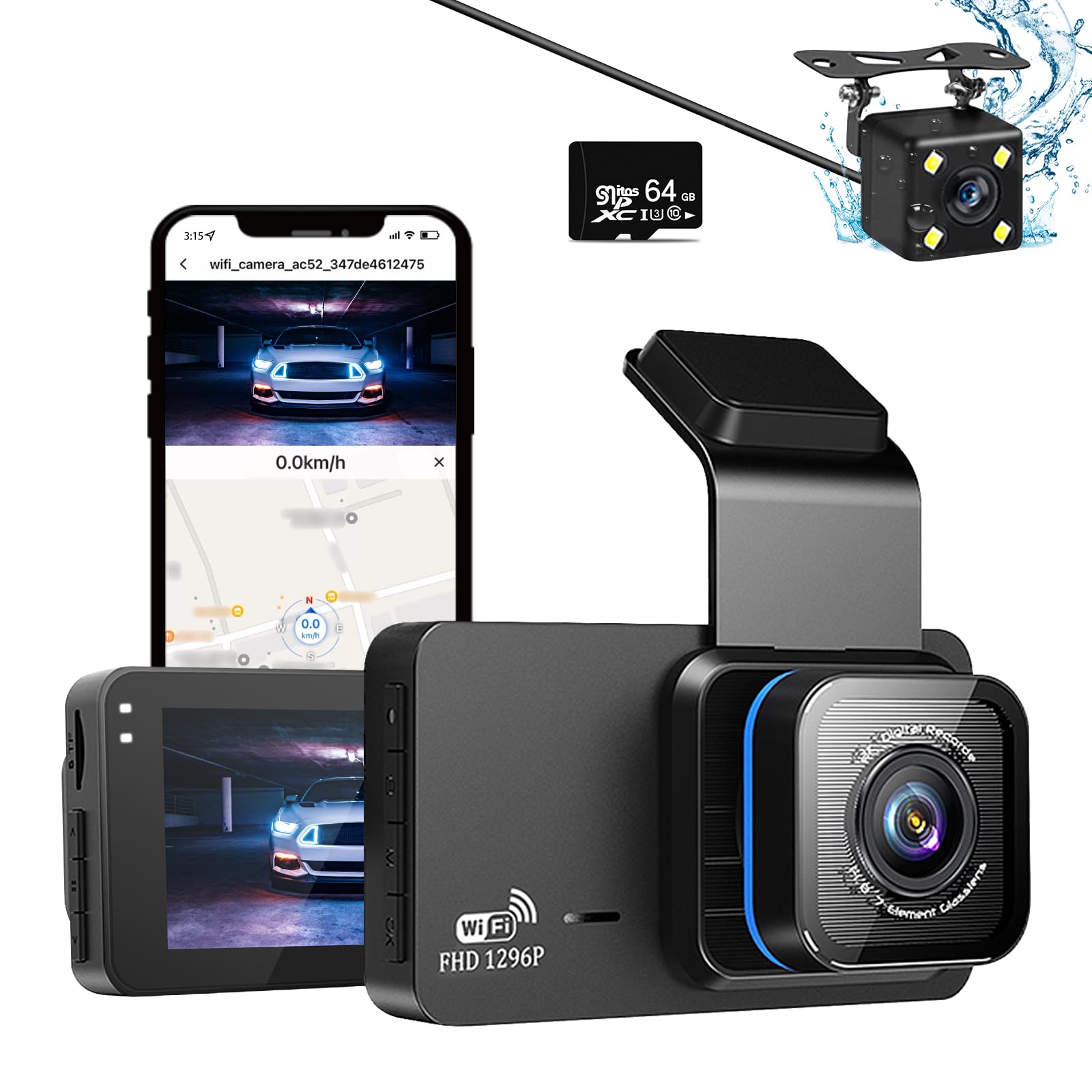 1296P Dash Cam Front and Rear Dual Lens Dashcam WiFi GPS In Car Camera Dashboard Camera with 64GB SD Card, Night Vision, Full HD, Loop Recording, 140 Wide Angle, APP Control, 3" IPS Screen, Max 128GB