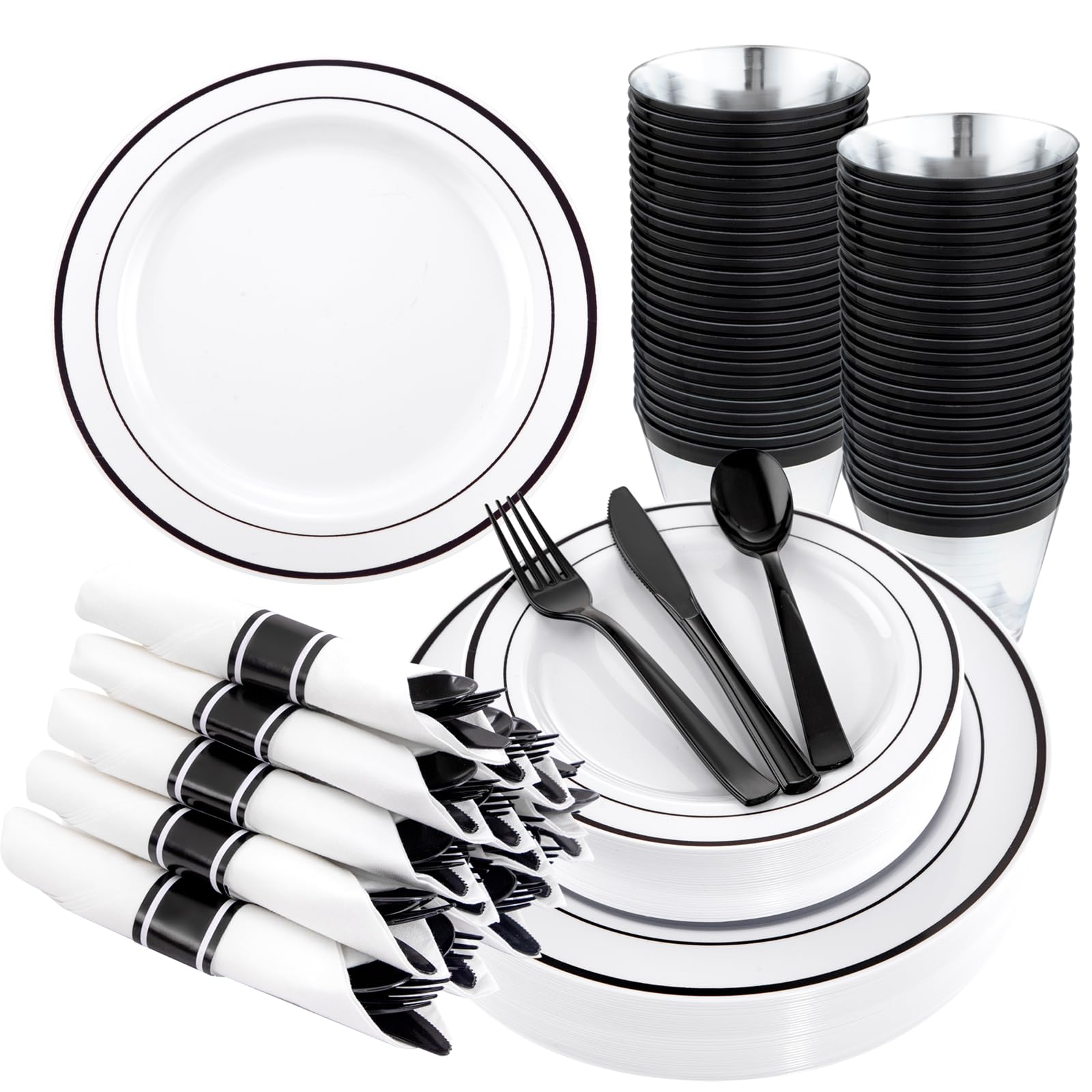 Photo 1 of WELLIFE 350Pcs Black Plastic Dinnerware with Pre Rolled Napkins, Include:50 Dinner Plates, 50 Dessert Plates, 50 Paper Napkins, 50 Cups, 150 Plastic Cutlery