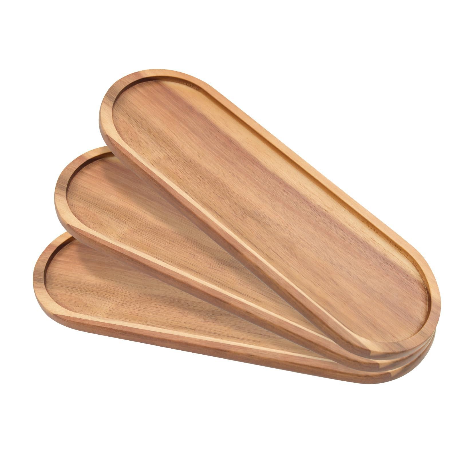 Photo 1 of **Only Two**3 Pcs Acacia Wooden Serving Trays Oval Wood Platter Wooden Serving Platter Oval Charcuterie Plates Board Cheese Plate Fruit Wood Tray Acacia Cheese Board for Dessert Appetizer (14" x 4.5")