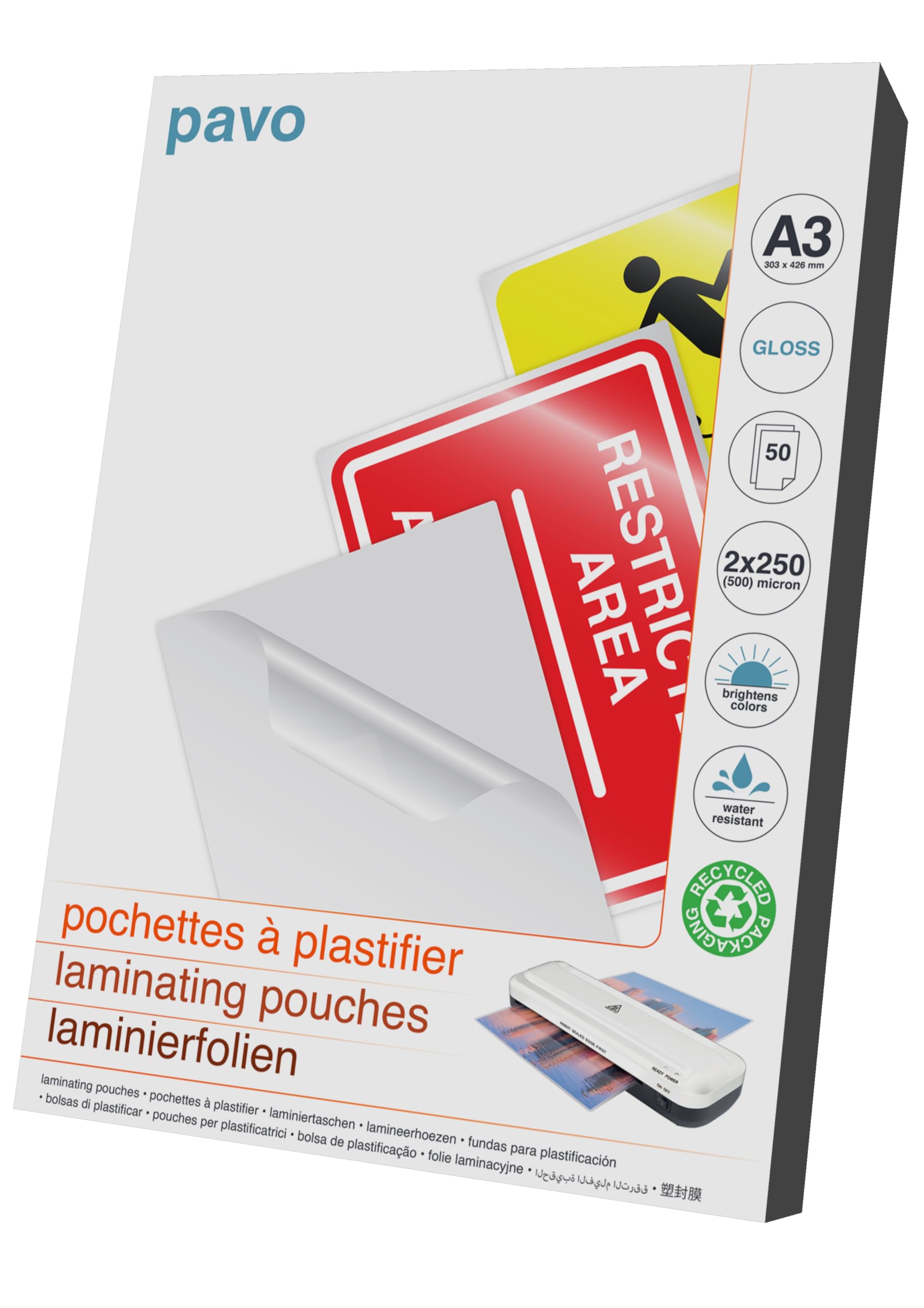 Pavo 2x250 Micron Glossy A3 Laminating Pouches (Pack of 50)
