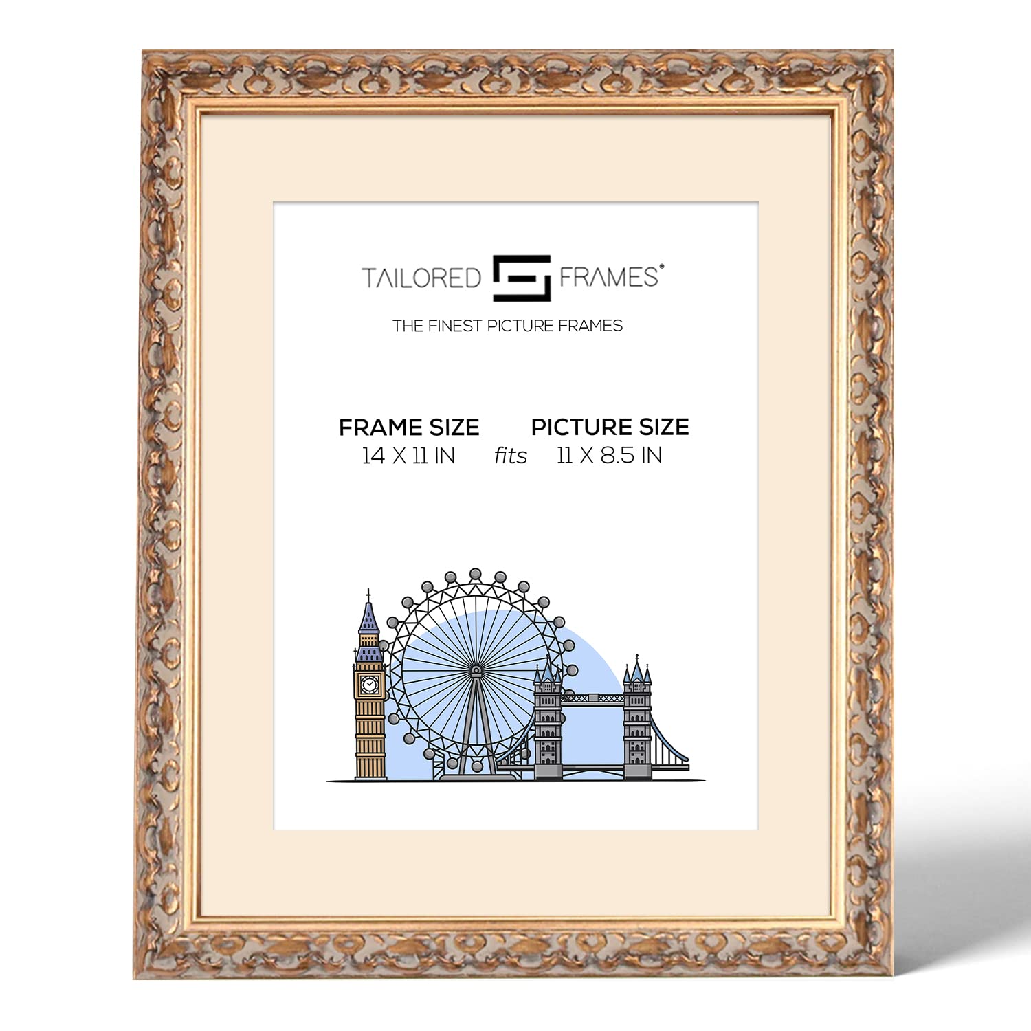 Tailored Frames Vienna Gold 14" x 11" Frame for 11" x 8.5" Picture | Rustic Style Vintage Single Picture Frame | Wall Hanging Type | Photo Frame with Antique White Mount