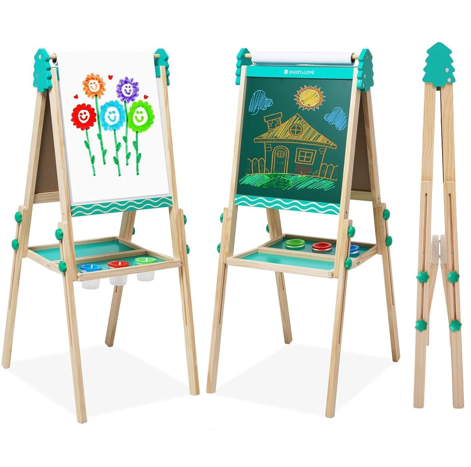 Kids Easel Wooden Kids Art Easel Double-Sided Standing Easel for Kids Height Adjustable Preschool Art Easel with Paper Roll Storage Box Watercolor Pen for 3-10 Years Old (Green)
