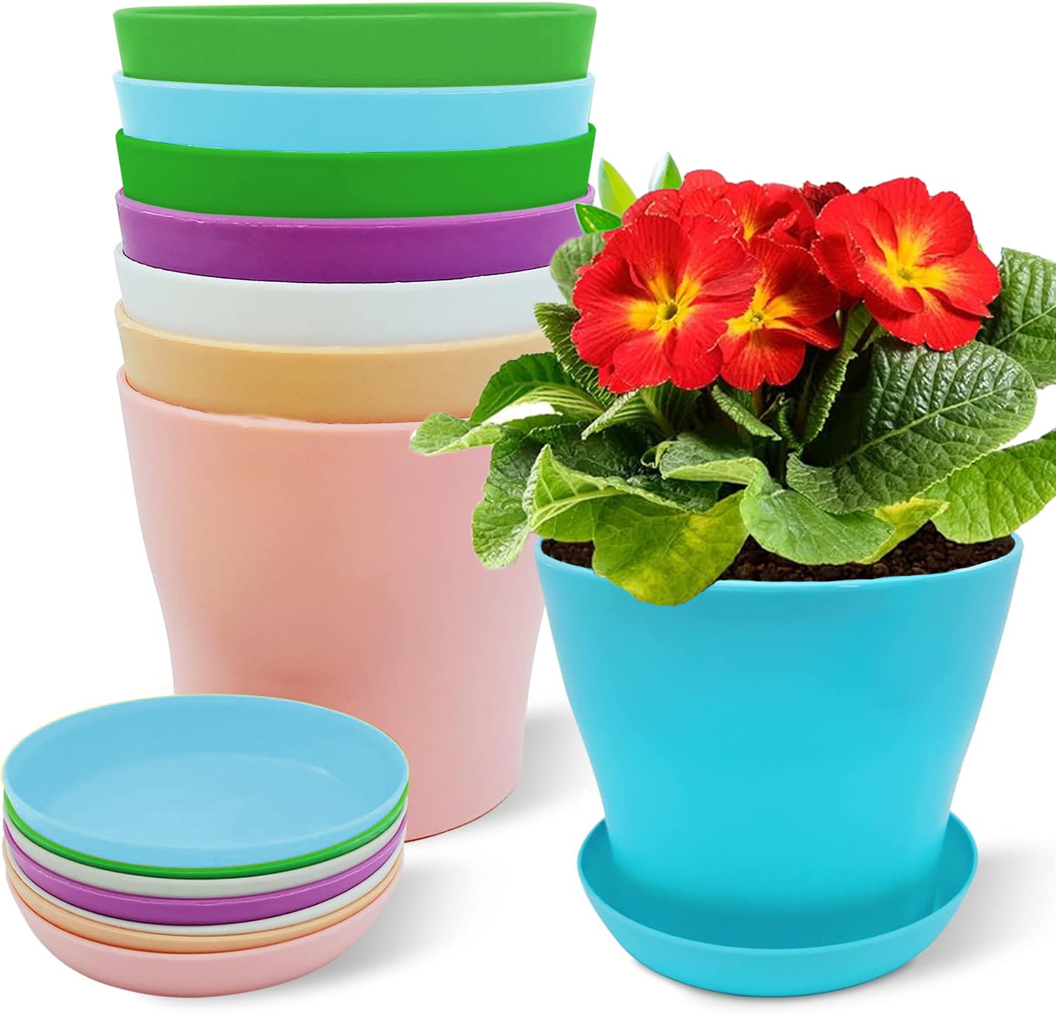 ruitao Garden Pot (Set of 8), Plastic Plant Pot, Flower Pots+ Saucer Tray Deco, Diameter 9.5, Height 8cm for Seedlings, Cuttings, Transplanting, Herb Indoor, Outdoor Garden