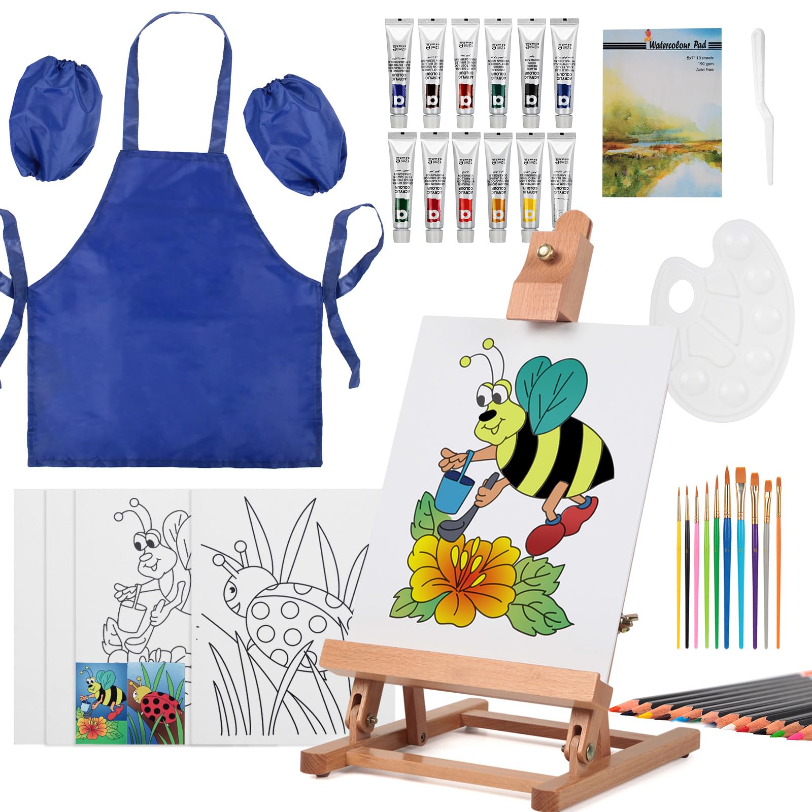 COOZEE Painting Set for Kids with Table Easel-Acrylic Painting Starter Kit with Art Smock, 12 Acrylic Paints, 12 Water Soluble Colored Pencils, Paint Brushes, Canvas Panels and Watercolor Pad