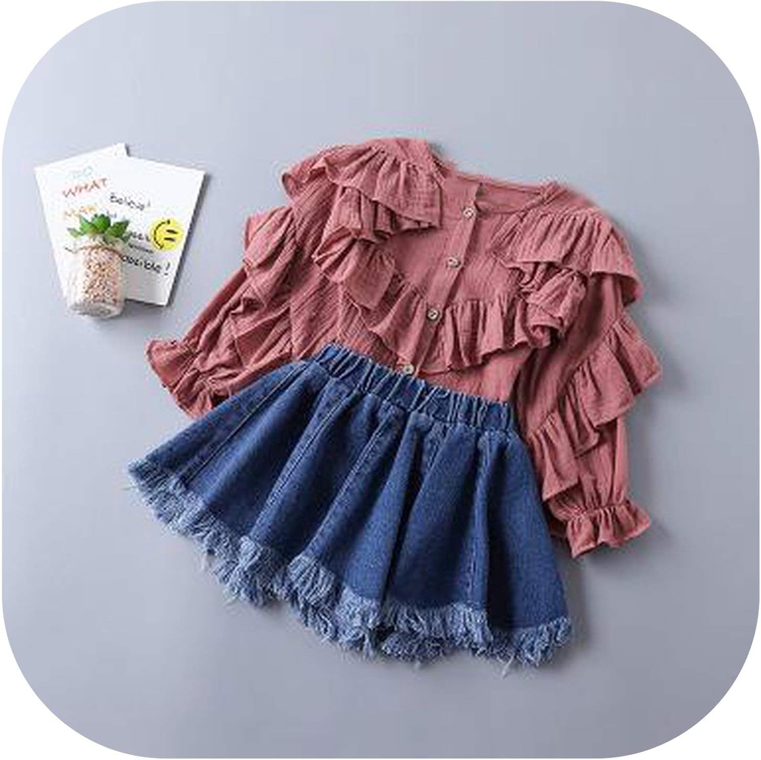 red denim skirt and jacket set