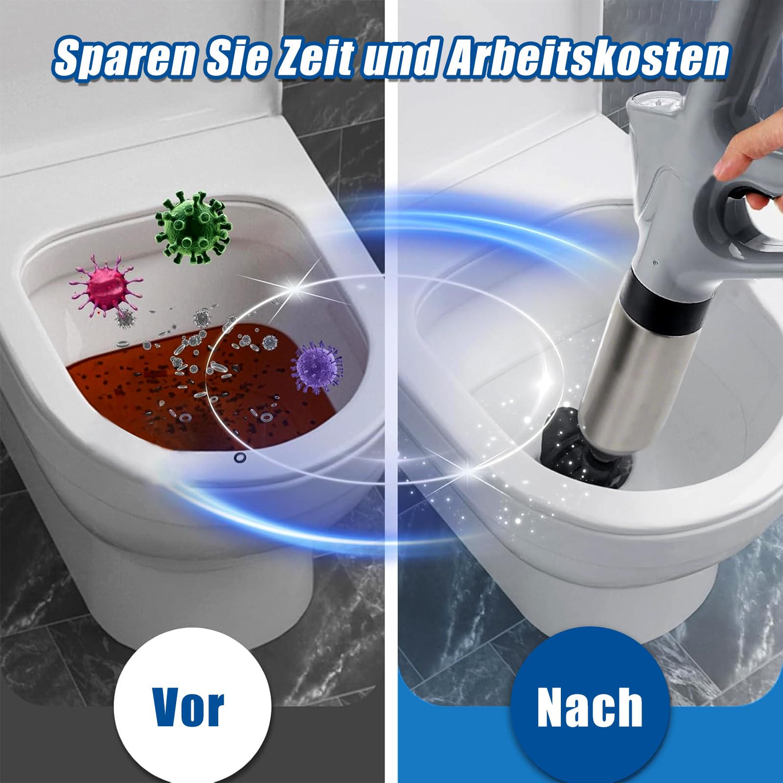Rohrreiniger, Abflussreinigungspumpe mit Luftkompression und Luftdruckanzeige, Druckluft-Rohrreiniger mit 4 Saugnäpfen für Waschbecken, Toiletten, Bäder, Duschen und Küchen (grau) 4