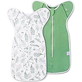 ANYEDDE 2-Pack Baby Transitional Swaddle Sleep Sack - Arms Up Swaddle 3-6 Months for Infants with Cuff Removable Design & 2-Way Zipper, Green Leaves Newborn Sack