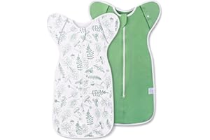 ANYEDDE 2-Pack Baby Transitional Swaddle Sleep Sack - Arms Up Swaddle 3-6 Months for Infants with Cuff Removable Design & 2-Way Zipper, Green Leaves Newborn Sack