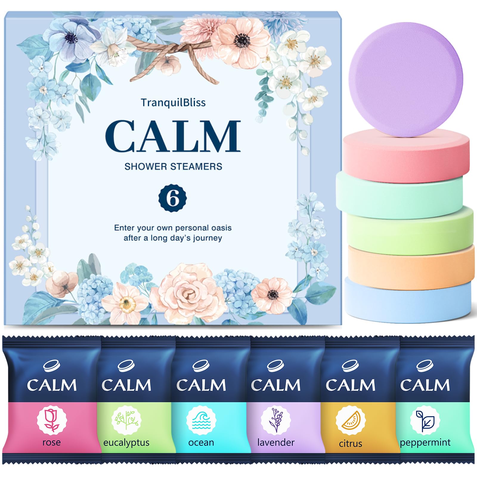 TranquilBliss Shower Steamers 6 Count, Shower Steamers with Natural Ingredients, 6 Different Scents & Individually Wrapped, Christmas and Birthday Good Option for Her, Mom, Friends