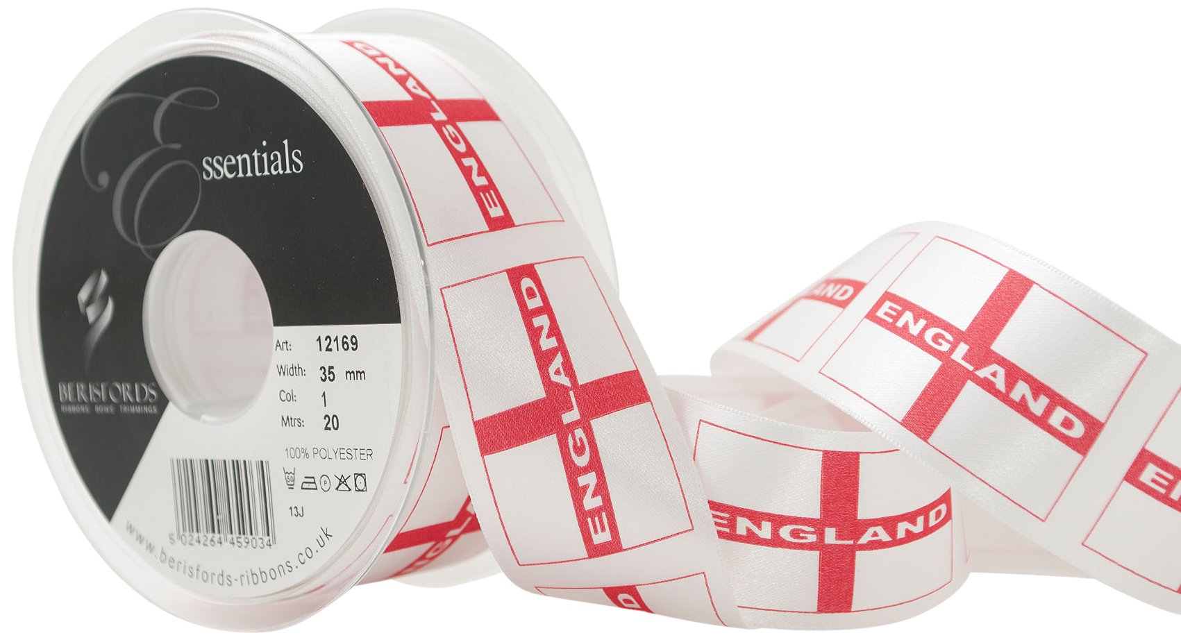 Berisfords 35 mm St George's Cross Printed Ribbon, White