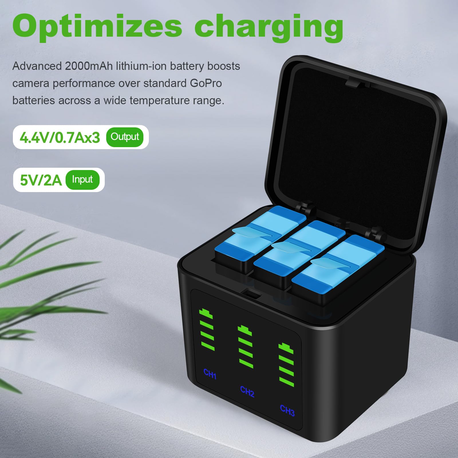 Battery Charger Kits for GoPro Hero 12 11 10 9 Black, 3-Pack 2000mAh Replacement Batteries + Triple Charge Case with Type-C Charging Cord for Go Pro 12 11 10 9 Official Batteries Accessories