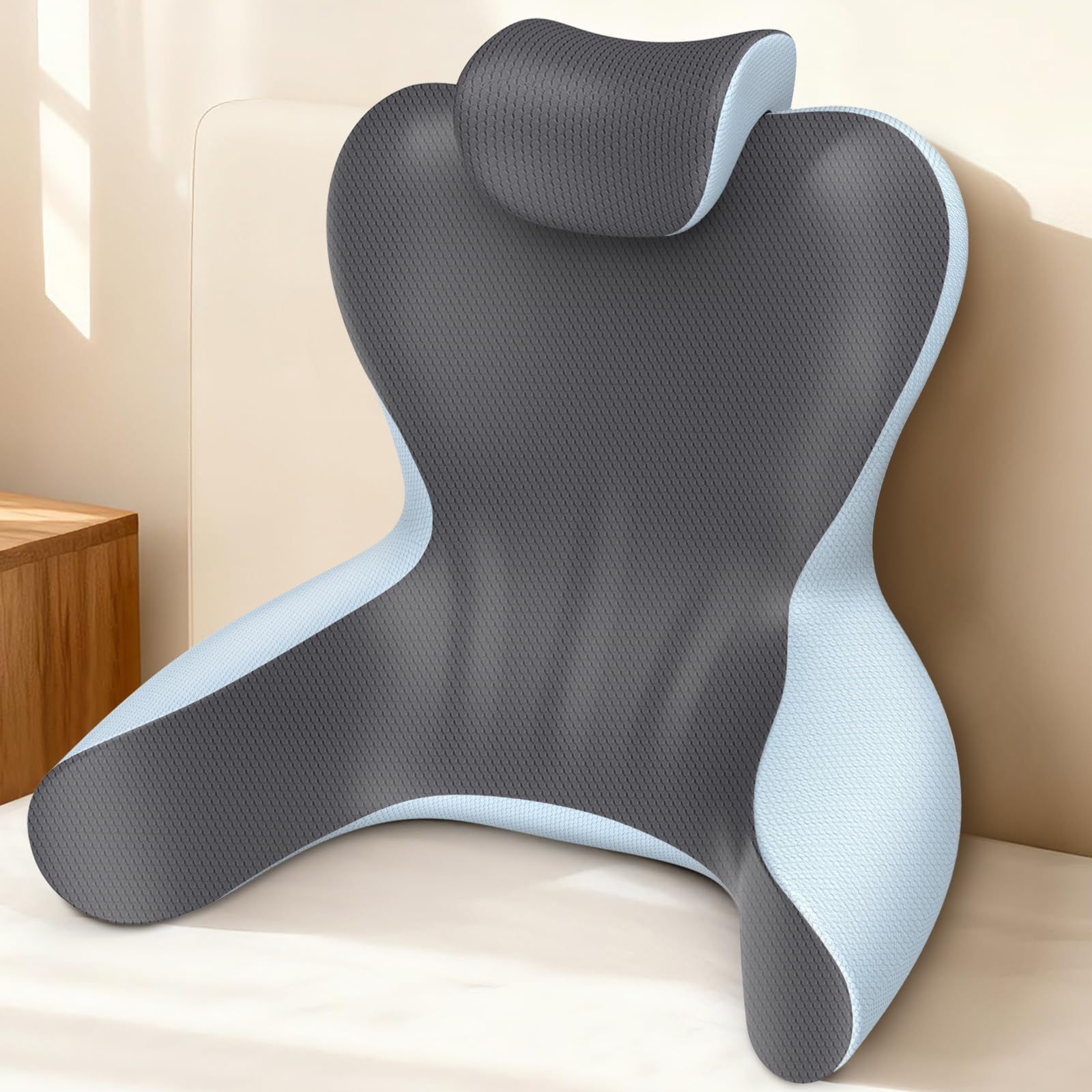 Photo 1 of Reading Pillow for Sitting in Bed,22" H Back Support Pillow for Sitting up,Back Rest & Lumbar Support Pillows with Arms, Bed Rest Chair Cushion,Chaise Lounges Reclining,Gaming,Work,Resting(Grey&Blue)