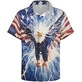 GHUALURU Men's American Flag Button Down Shirt Casual Eagle Hawaiian Shirts Patriotic Short Sleeve
