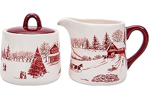 Bico Toile De Jouy Winter Wonderland Ceramic Sugar and Creamer Set, Sugar Bowl with Lid, Cute Container for Coffee Bar, Kitchen Countertop Accessories, Microwave and Dishwasher Safe