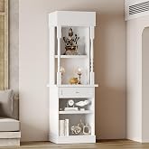 ECACAD Altar Cabinet with Drawer &amp; Shelves, Tall Pooja Altar Table for Home Temple, Modern Buddhist Bookshelf Display Storage Cabinet with Open Shrine Stand, White