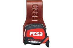 FESA Leather Tape Measure Holder for Belt with Steel Clip & Reinforced Heavy Duty Rivets - Leather Drill Holder for Tool Belts up to 3" Wide - Handcrafted