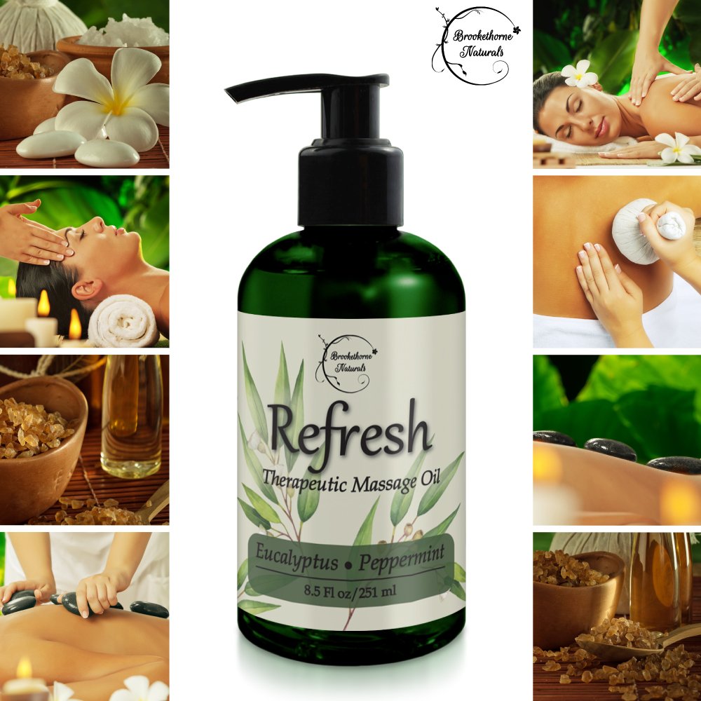 Refresh Massage Oil with Eucalyptus & Peppermint Essential Oils - Great for Massage Therapy. Stress Relief & All Natural Muscle Relaxer. Ideal for Full Body Massage – Nut Free Formula 8.5oz : Beauty