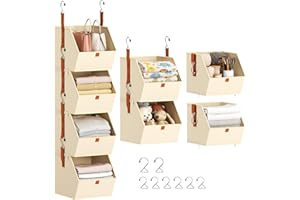 Homsorout Hanging Closet Organizer 4 Tier - Clothes Hanging Shelves, Space-Saving Closet System, Fabric Storage Bins Bedroom Organization, Collapsible Baskets for Home, Dorm, Rv, Beige