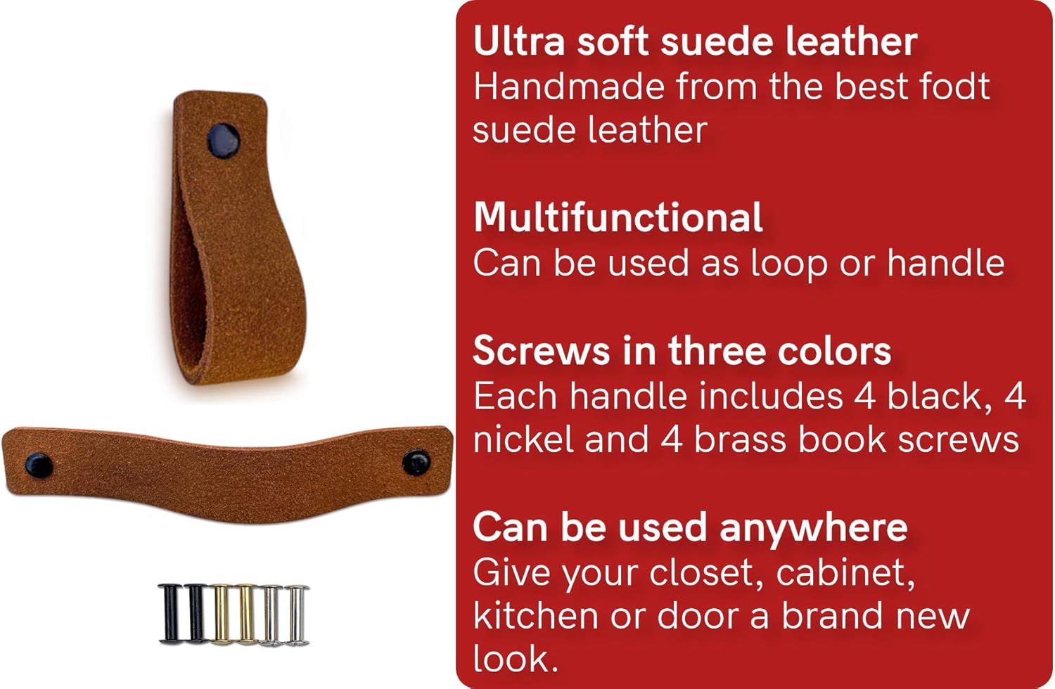Brute Strength, Leather Handles for Furniture, Suede, Cognac, 4 pcs, 16,5 x 2,5 cm, Cabinet Handle - Image 3