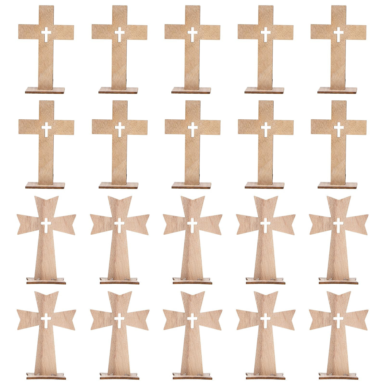 Photo 1 of SEWACC 20pcs Wooden Crosses for Crafts Small Unfinished Wood Crosses Catholic Standing Cross with Bases Wooden Wall Cross with Stand Spiritual Religious Cross for Baptism Centerpieces