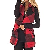 Mannice Womens Buffalo Plaid Sleeveless Cardigans Lapel Open Front Plaid Vest Jacket Coat with Pockets