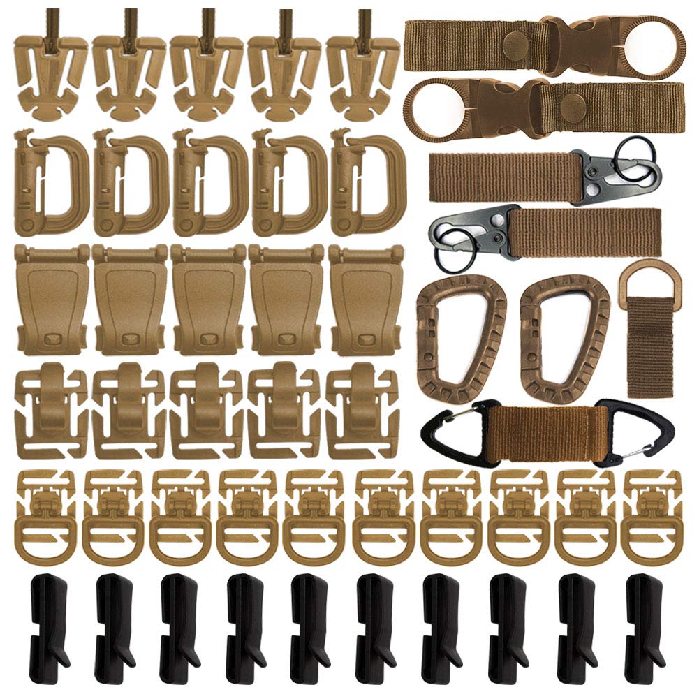 48PCS Tactical Gear Clip Set Molle Webbing Attachments for Tactical Backpack Bag Vest Belt - Nylon Key Ring Holder, D-Ring Locking Hanging Hook Water Bottle Tube Clip Web Dominator (Khaki)