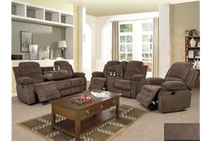 Dekmxas Fabric Recliner Sofa Set Manual Reclining Sofa Set Living Room Furniture Sets Modern Reclining Couch Set with Cup Holders/Storage Console/Drop Down Table for Home/Office (Chocolate, 3PCS Set)