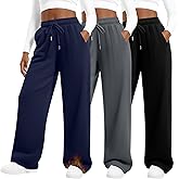 Sweetyweee 3 Pack Women's Plus Size Fleece Lined Pants Wide Leg Drawstring Sweatpants with Pocket Elastic Waisted Yoga Pants