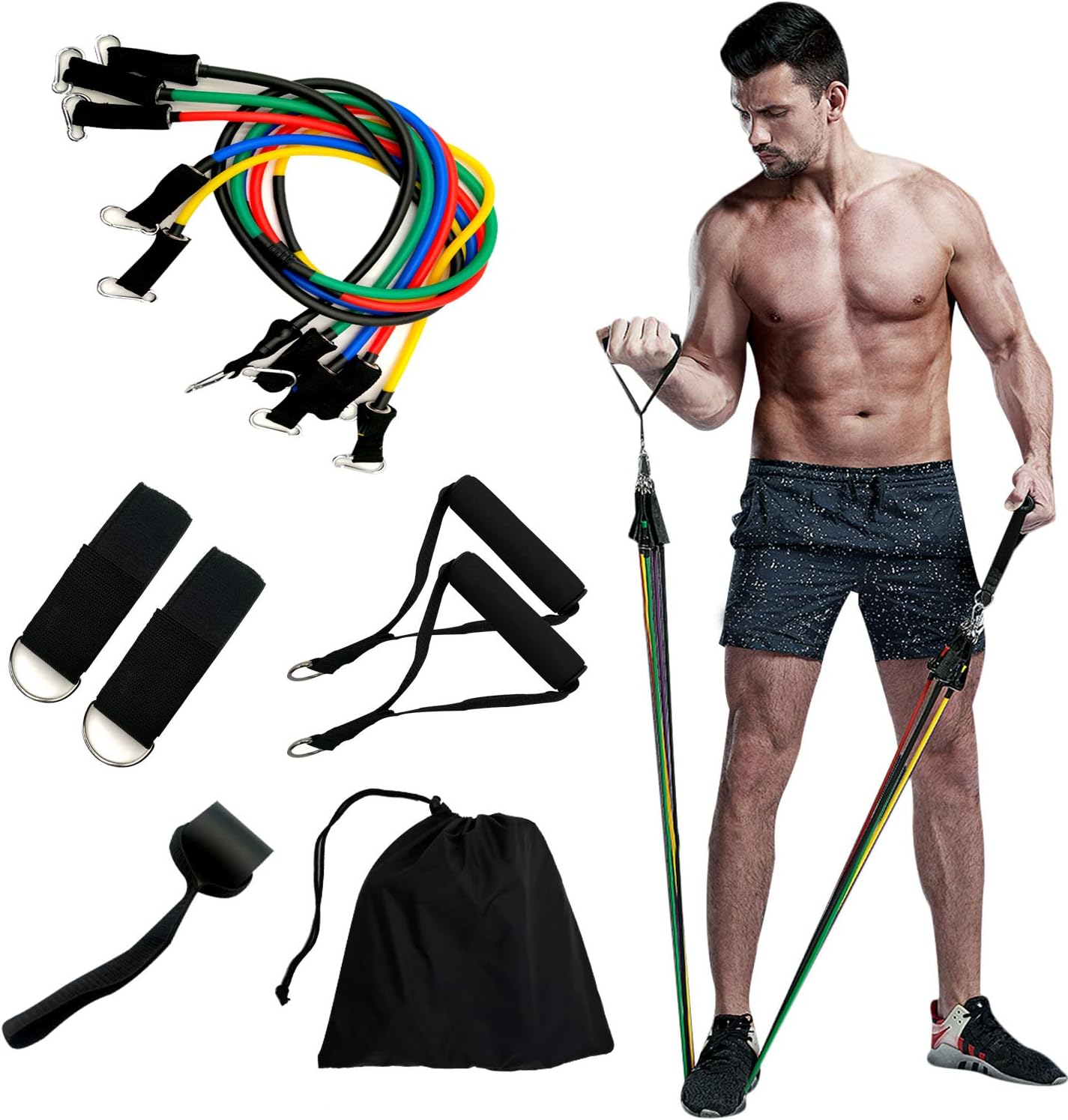 Lifesmells 11 Pack Full Body Resistance Band Exercises sets,5 Stackable Exercise Bands with Door Anchor,2 Foam Handle,2 Metal Foot Ring & Carrying Case Home Workouts,Physical Therapy,Gym Training,Yoga