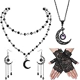 Tondiamo Gothic Witch Accessories Include Layered Necklace Black Crescent Moon Necklace Moon Earrings Short Lace Gloves for Gothic Costume Halloween New Year Jewelry for Women